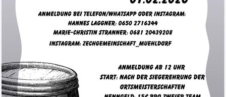 Ein Plakat für einen Schlittenwettbewerb am 1. Februar 2026 enthält Details wie die Anmeldung per Telefon, WhatsApp oder Instagram und die Veranstaltung beginnt nach der Siegesfeier der Ortsmeisterschaft.
