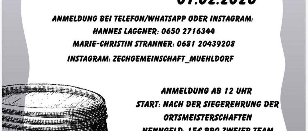 Ein Plakat für einen Schlittenwettbewerb am 1. Februar 2026 enthält Details wie die Anmeldung per Telefon, WhatsApp oder Instagram und die Veranstaltung beginnt nach der Siegesfeier der Ortsmeisterschaft.