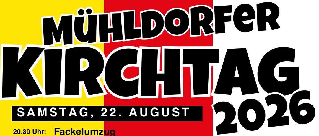 Plakat für das Muhlenkirchtag-Event am 22. August 2026 mit Fackelumzug, traditionellem Tanz und Festtanz. Das Plakat ist farbenfroh mit rotem und gelbem Hintergrund.