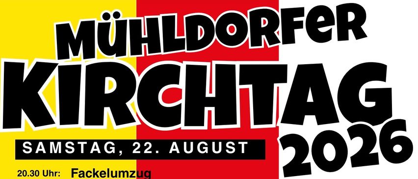Plakat für das Muhlenkirchtag-Event am 22. August 2026 mit Fackelumzug, traditionellem Tanz und Festtanz. Das Plakat ist farbenfroh mit rotem und gelbem Hintergrund.