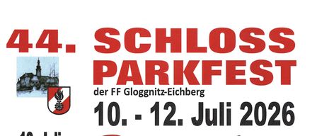 Plakat für das Parkfest der FF Glogglnitz-Eichberg. Termine: 10. - 12. Juli 2026. 10. Juli: Festbetrieb ab 18 Uhr, Bergwelt Schwung ab 20:30 Uhr. 11. Juli: Festbetrieb ab 15 Uhr, Bergwelt Schwung ab 20:30 Uhr. 12. Juli: Festmesse ab 10 Uhr. Freie Spenden.