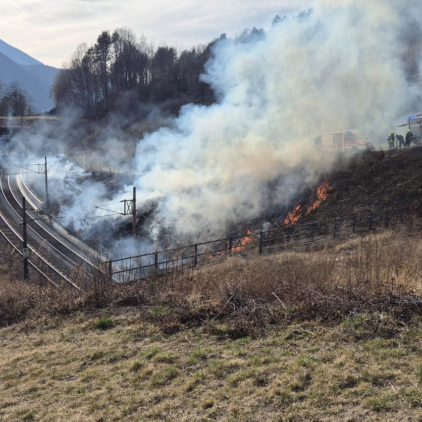 Ein Feuer am Rande eines Bahngleises mit Rauch und Flammen, umgeben von Bäumen und Büschen. Ein Feuerwehrwagen ist in der Nähe geparkt.