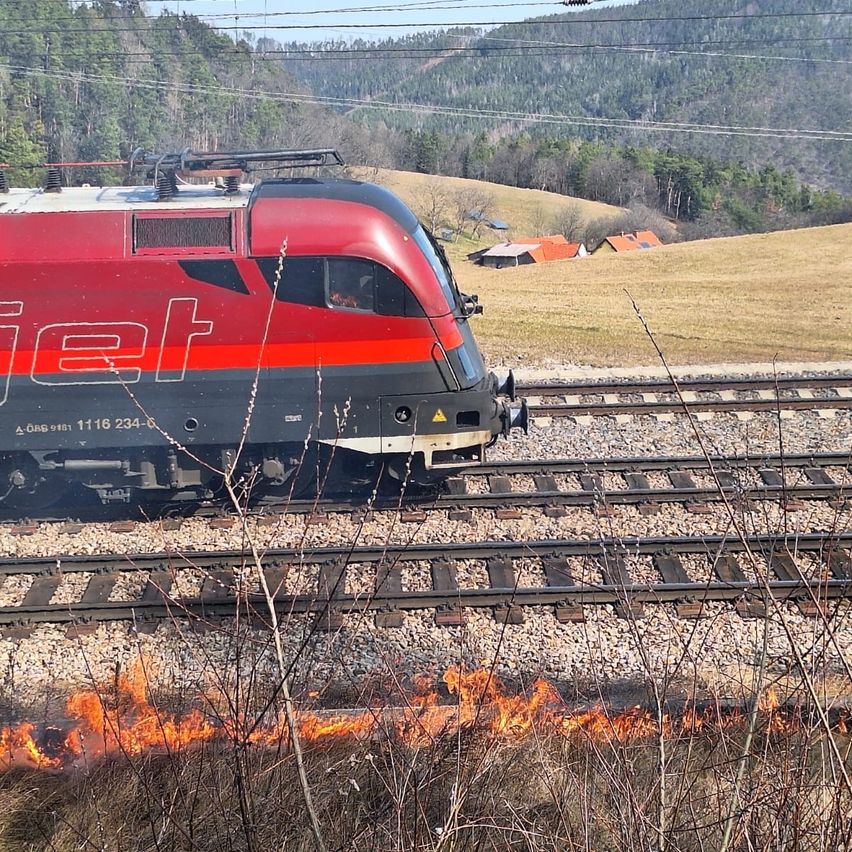 Ein roter Zug fährt auf den Gleisen, wobei an der Seite etwas Feuer brennt. Der Zug hat das Wort Jet an seiner Seite. Im Hintergrund befinden sich Häuser und ein Berg.