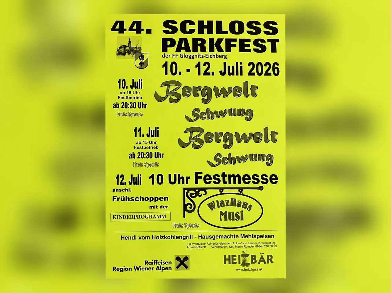 Plakat für das 44. Schloss Parkfest. Termine: 10. bis 12. Juli 2026. Bietet Aktivitäten wie Bergwelt Schweben und einen Festmarkt. Zeitplan beinhaltet Events am 10. und 11. Juli, mit freiem Eintritt.