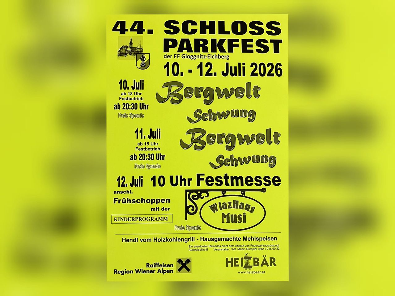 Plakat für das 44. Schloss Parkfest. Termine: 10. bis 12. Juli 2026. Bietet Aktivitäten wie Bergwelt Schweben und einen Festmarkt. Zeitplan beinhaltet Events am 10. und 11. Juli, mit freiem Eintritt.
