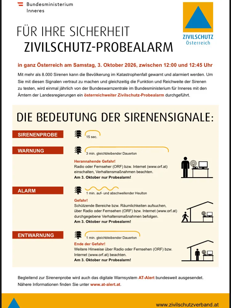 Ein Infografik vom österreichischen Innenministerium über den jährlichen Zivilschutzalarm, mit Anweisungen zur Reaktion auf verschiedene Sirenensignale.