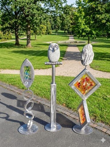 Drei Metallskulpturen sind in einem Park ausgestellt, eine davon ist eine Eulenstatue.