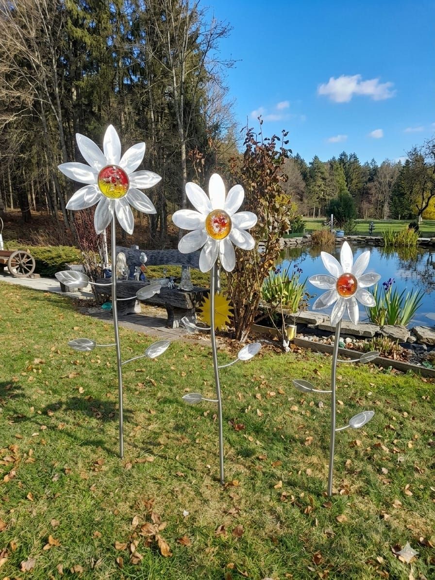 Drei Metallblumenskulpturen stehen in einem Garten am Teich. Jede Blume hat Glasblätter und ein farbenfrohes Zentrum. Eine Bank und ein Rad sind in der Nähe.