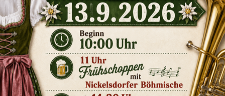 Plakat für den FF-Nickelsdorf Kirtag am 13. September 2026 mit traditionellem Kleid, Tuba und Hut. Die Veranstaltung beginnt um 10:00 Uhr, mit Frühstück um 11:00 Uhr und dem Nickelsdorfer Böhmische um 14:30 Uhr. Die Winter Buam treten um 15:30 Uhr auf. Der Foodtruck Pejanovic wird vor Ort sein.