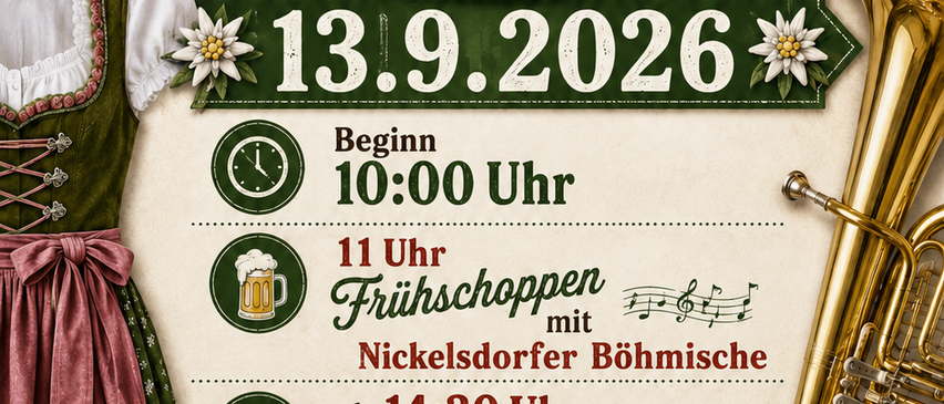 Poster for the FF-Nickelsdorf Kirtag on September 13, 2026, featuring a traditional dress, a tuba, and a hat. The event starts at 10:00 AM, with breakfast at 11:00 AM and the Nickelsdorfer Böhmische at 2:30 PM. The Winter Buam will perform at 3:30 PM. The food truck Pejanovic will be present.