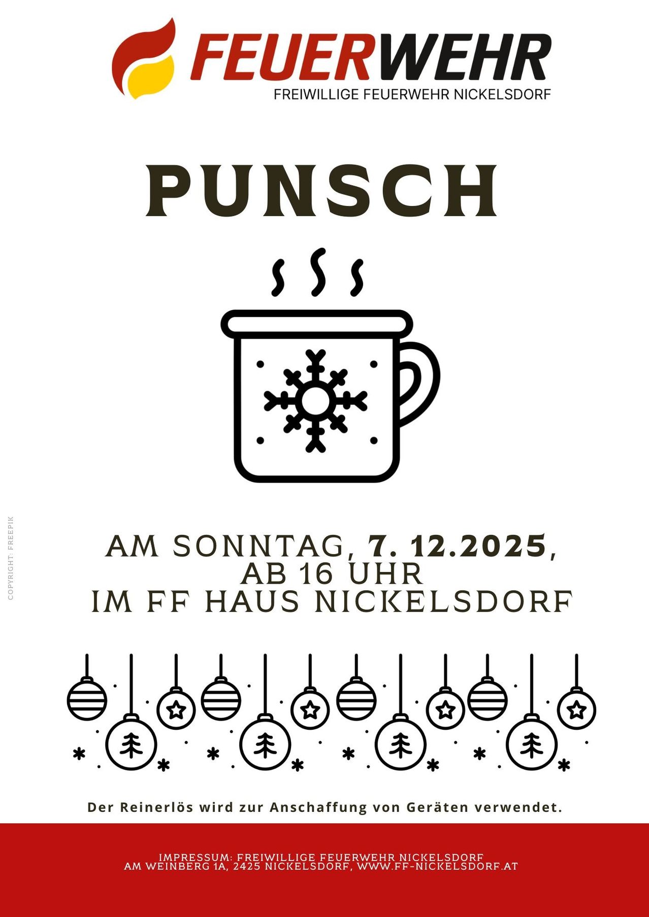 A poster advertises a hot beverage event named Punsch. The event is scheduled for Sunday, December 7, 2025, starting at 4 PM. The location is FF Haus Nickelsdorf. Snowflakes and ornaments decorate the poster.