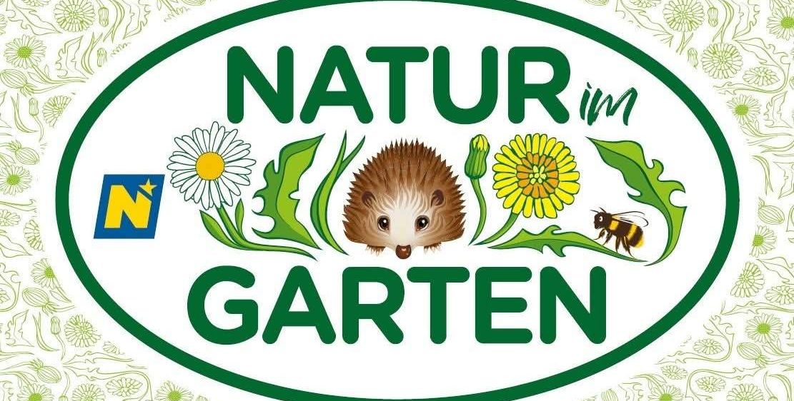 Das Logo für Natur im Garten zeigt einen grünen Oval mit einem Igel, einer Biene und Blumen. Die Worte sind in großen grünen Buchstaben, mit einem kleinen blauen N-Logo oben links.