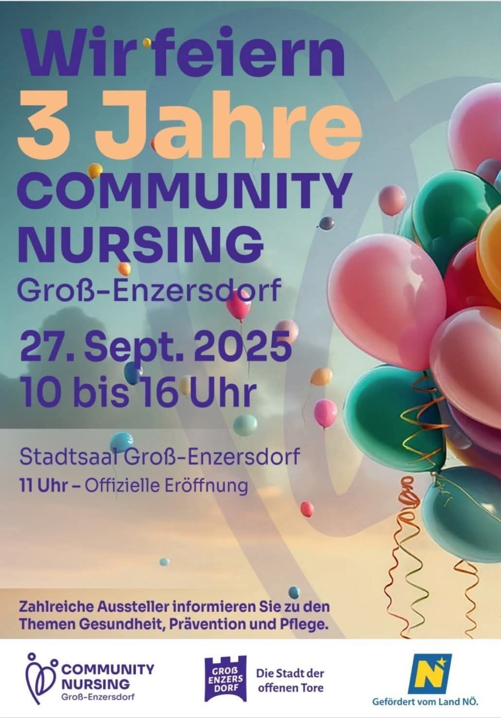 Plakat zum 3. Jubiläum der Community Nursing in Groß-Enzersdorf. Datum: 27. September 2025. Zeit: 10 bis 16 Uhr. Ort: Stadtsaal Groß-Enzersdorf. Offizielle Eröffnung um 11 Uhr. Zahlreiche Aussteller.