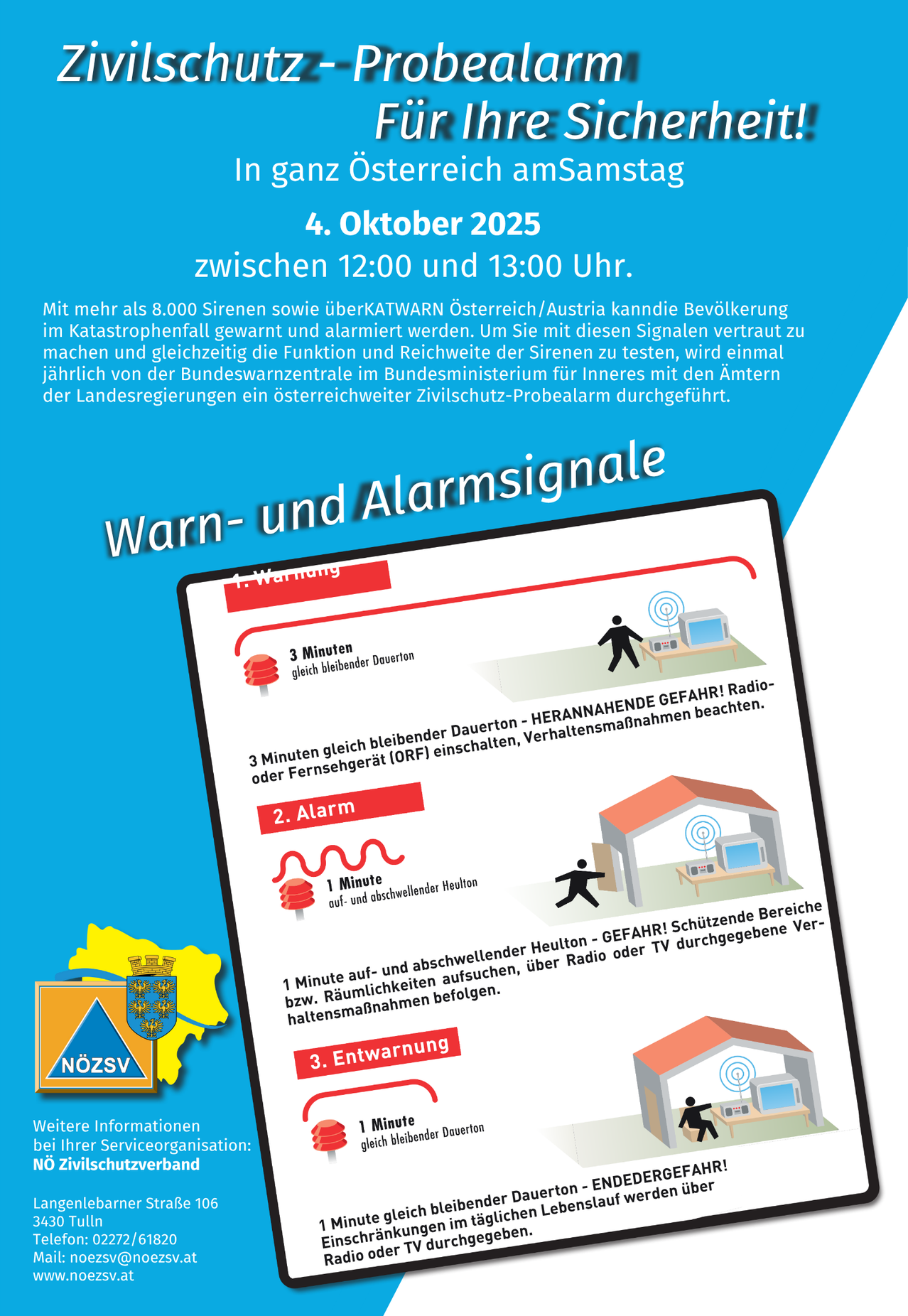 Plakat mit blauem und weißem Hintergrund. Es steht 'Warn- und Alarmsignale' mit Anweisungen, was im Falle von Warnung oder Alarm zu tun ist. Drei Schritte werden mit Symbolen beschrieben. Das Datum und die Zeit des Alarms werden oben erwähnt.