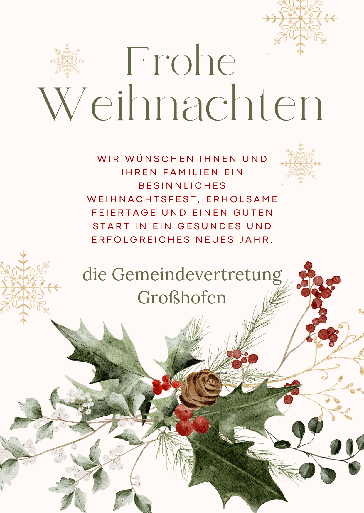 Eine festliche Weihnachtskarte der Gemeindevertretung von Grosshofen wünscht allen ein besinnliches Weihnachtsfest, erholsame Feiertage und einen erfolgreichen Jahreswechsel.