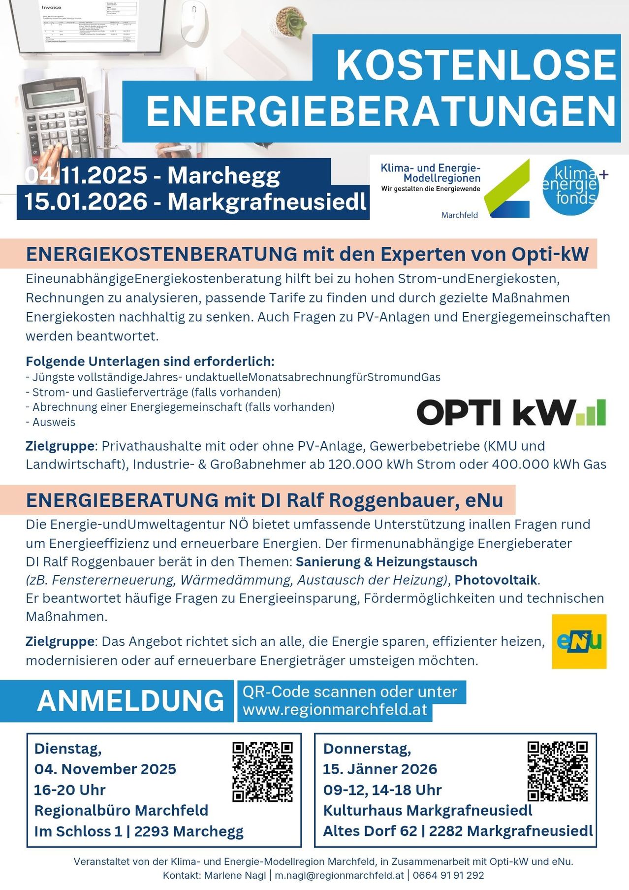 Plakat für Energiekostenberatung und Energieberatung mit Opti-kW und eNu am 4. März 2025 und 15. Januar 2026. Unabhängige Energiekostenberatung hilft bei hohen Strom- und Energiekosten, Analysen von Rechnungen, passende Tarife finden und durch Maßnahmen Energiekosten nachhaltig senken. Auch Fragen zu PV-Anlagen und Energiegemeinschaften werden beantwortet.