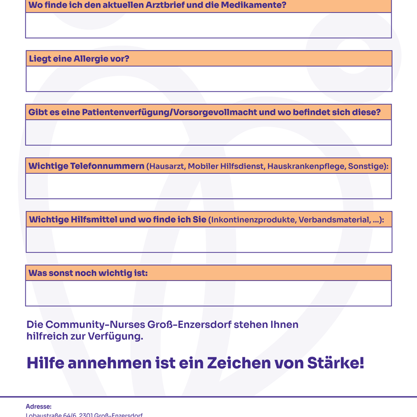 Ein Bild mit gesundheitsbezogenen Fragen, einschließlich Allergievorgeschichte, Patientenmanagement und Kontaktdaten für wichtige Dienste. Eine Erinnerung, Hilfe als Zeichen der Stärke zu akzeptieren.