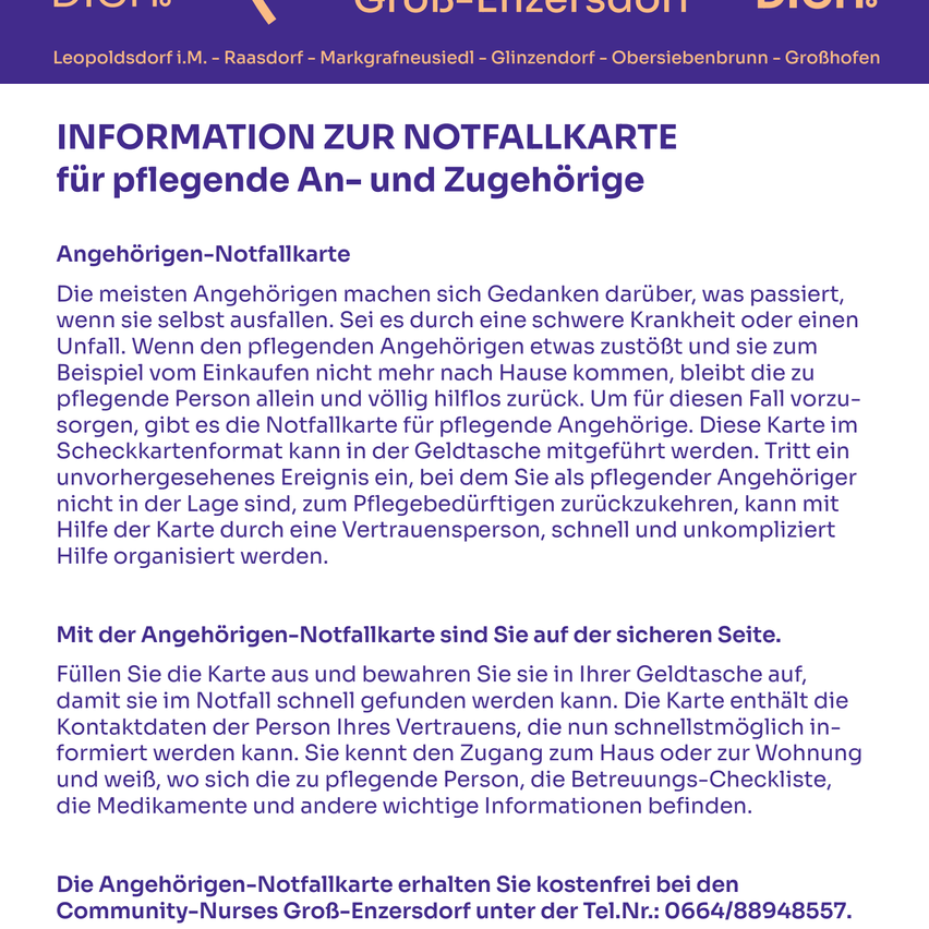 Informationen zur Notfallkarte für Angehörige und Verwandte. Füllen Sie die Karte mit Ihren Notfallkontakten und medizinischen Details. Im Notfall kann die Karte von einer vertrauenswürdigen Person für sofortige Hilfe genutzt werden.