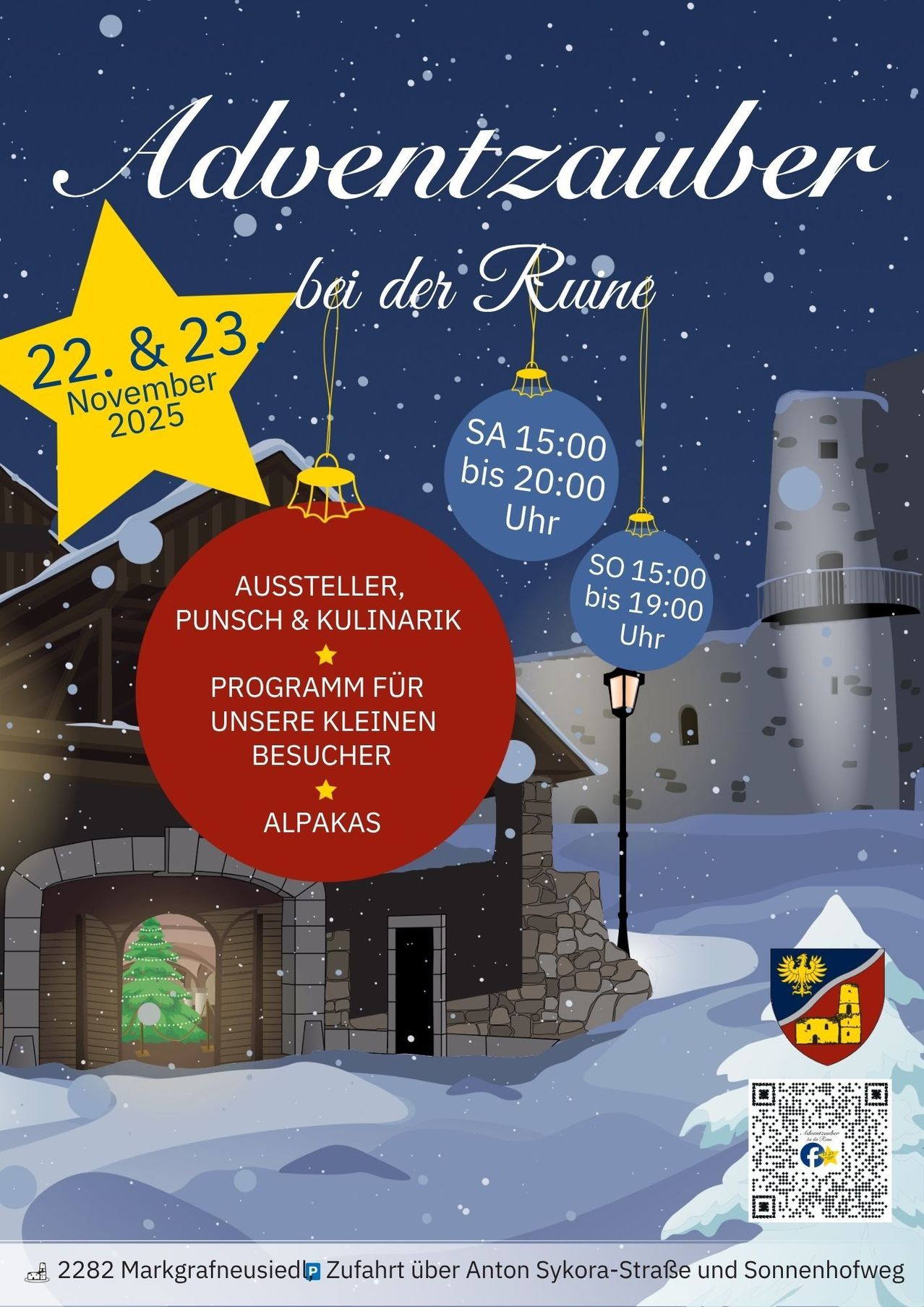 Plakat für eine Veranstaltung bei der Ruine mit Ausstellern, Punsch und Kulinarik. Geplant für den 22. und 23. November 2025. Öffnungszeiten sind samstags von 15:00 Uhr bis 20:00 Uhr und sonntags von 15:00 Uhr bis 19:00 Uhr. Ein Logo ist unten rechts angezeigt.
