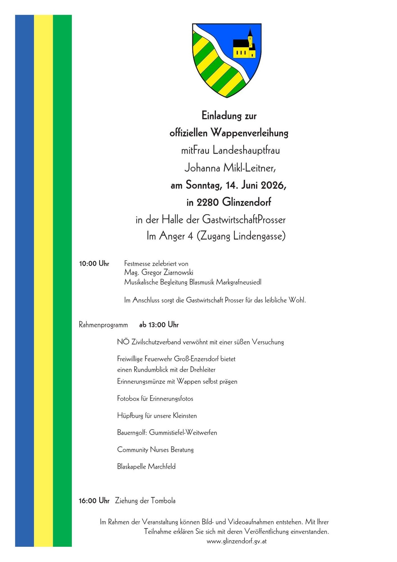 Einladung zur offiziellen Übergabe des Bürgermeisteramts mit Johanna Mikl-Leitner, am Sonntag, 14. Juni 2026, in 2280 Glinzensdorf, um 10:00 Uhr. Die Zeremonie wird von Mag. Gregor Ziarnowski gefeiert. Die Veranstaltung umfasst einen Fotostand und eine Beratung durch Gemeindeschwestern.