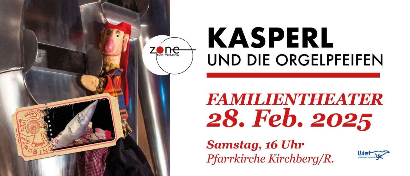 Plakat für Kasper und die Orgelfamilie Veranstaltung am 28. Februar. Es beginnt um 16 Uhr in der Pfarrkirche Kirch. Eine Puppe in Rot ist links.