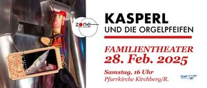 Poster for Kasper and the Organ Family Event on Feb 28. It starts at 4 PM at the Pfarrkirche Kirch. A puppet in red is on the left.