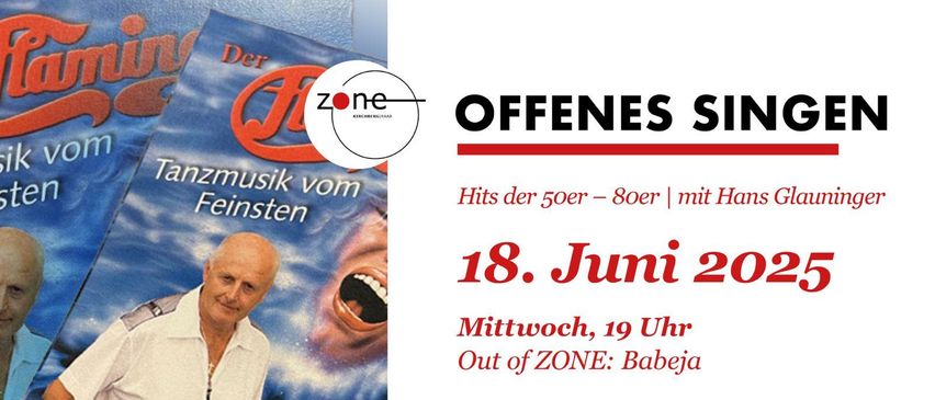 Werbeposter für eine Veranstaltung bei ZONE KIRCHBERG/RAADS. Es zeigt einen Mann mit offenem Mund vor blauem Hintergrund. Die Veranstaltung ist für den 18. Juni, Mittwoch um 19 Uhr geplant. Es werden Hits aus den 50er und 80er Jahren versprochen.