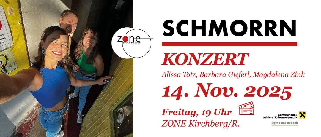 Ein Plakat für ein Konzert von Alissa Totz und Barbara Gie. Es ist für Freitag, 14. November um 19:00 Uhr bei ZONE Kirchberg/R. Eine Frau steht im Hintergrund.