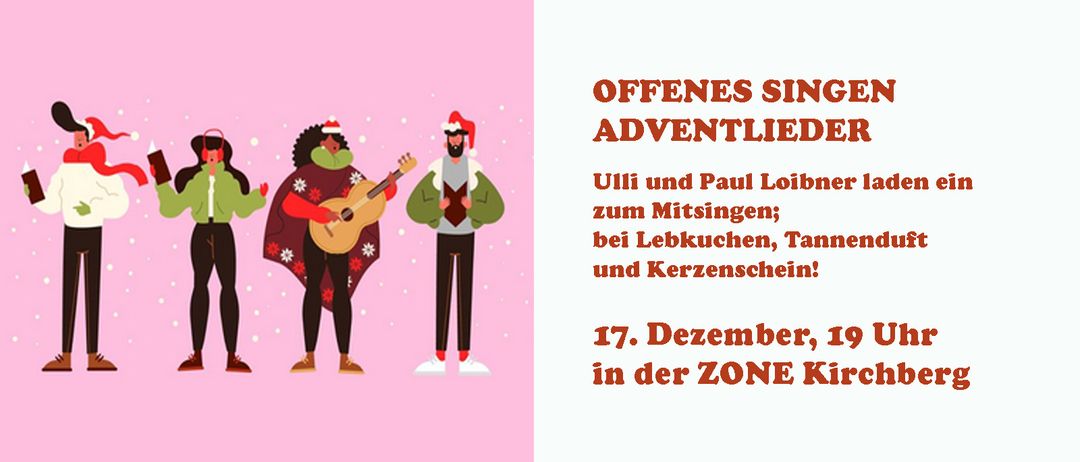 Illustration von zwei Personen in festlicher Winterkleidung beim Singen von Weihnachtsliedern; beinhaltet Lebkuchen und Kerzen; 17. Dezember in der ZONE.