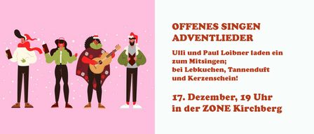 Illustration von zwei Personen in festlicher Winterkleidung beim Singen von Weihnachtsliedern; beinhaltet Lebkuchen und Kerzen; 17. Dezember in der ZONE.