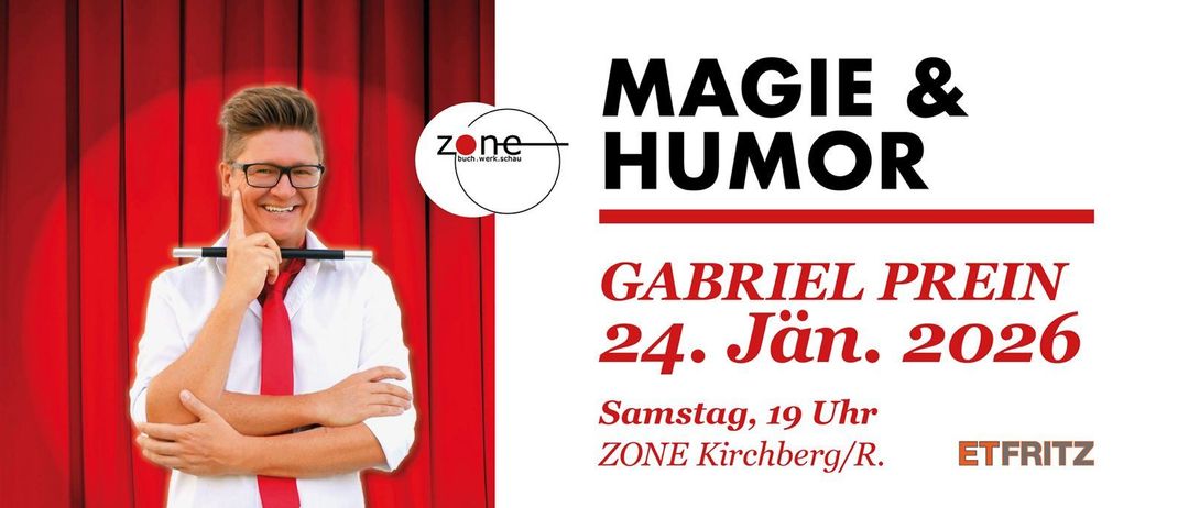 Eine Werbung für eine magische Humorveranstaltung mit Gabriel, geplant für den 24. Januar, um 19 Uhr, bei ZONE Kirchberg/R.