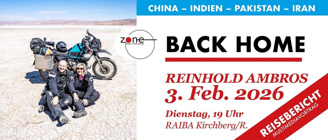 Plakat mit Motorrad in der Wüste, Event von Reinhold, 3. Feb um 19 Uhr, Raiba Kirchberg/München.