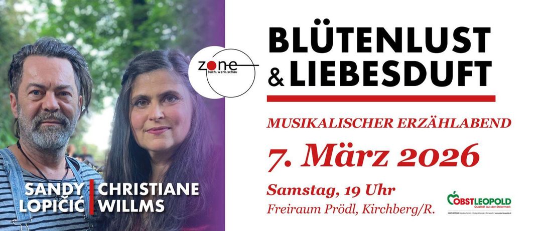 Plakat für eine musikalische Veranstaltung mit Christiane. Es steht 'Blüten & Liebes' mit dem Datum 7. März um 19 Uhr in Freiraum Prodl, Kirchberg.