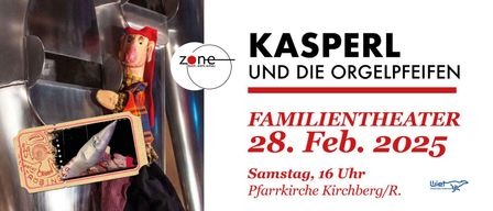 Poster for a family-friendly event featuring Kasper, with the date February 28th, starting at 4 PM at the Pfarrkirche Church.