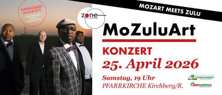 Plakat für das MoZulu-Konzert in der Pfarrkirche am 25. April um 19 Uhr. Zeigt zwei Männer, einen in Anzug und Fliege.