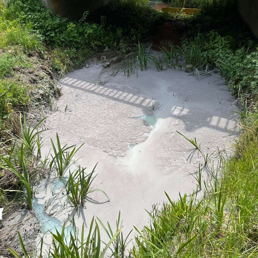 Ein flacher Wassertümpel mit grünlichem Farbton und hellem Sand unter einer Brücke. Schatten geworfen auf das Wasser. Umgebende Fläche ist üppig mit grünem Gras.