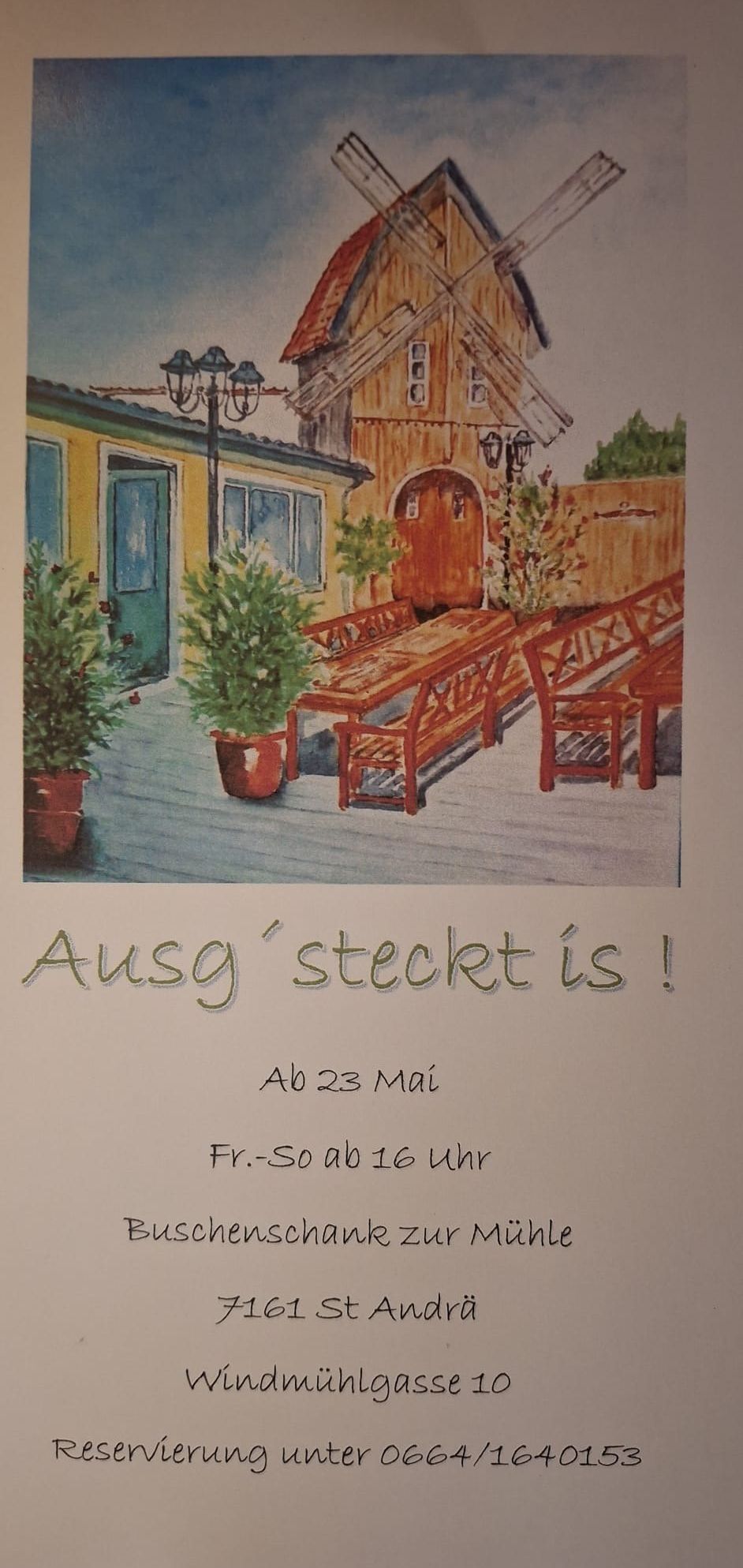 Ein Plakat zeigt eine Veranda mit einem Haus im Hintergrund, auf der eine Holzbank und ein Tisch stehen. Gepflanzte Pflanzen sind umher verteilt und eine grüne Tür ist zu sehen. Die Botschaft lautet 'Ausg steckt is!' mit einem Datum darunter.