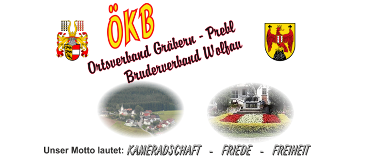 Das Bild zeigt das Logo des OKB Ortverbandes Gärbern - Prebl, einer Gemeinschaftsorganisation. Es zeigt das Wappen der Gemeinde und eine landschaftliche Dorfansicht. Das Motto ist in fetter Schrift angezeigt: 'Kameradschaft - Friede - Freiheit.'