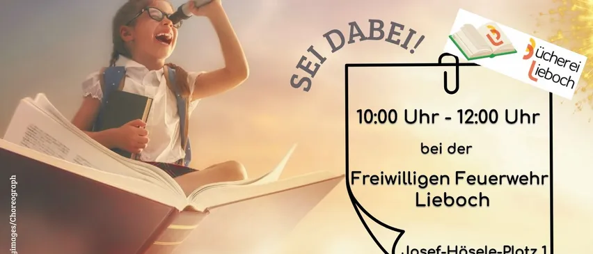 Ein Mädchen mit Brille und Rucksack hält ein Teleskop und schaut nach oben. Der Text sagt 'Sei dabei!'. Die Zeit ist von 10:00 Uhr bis 12:00 Uhr bei der Freiwilligen Feuerwehr Lieboch. Das Event ist der 8. Steirische Vorlesetatag am 14. Juni 2025.