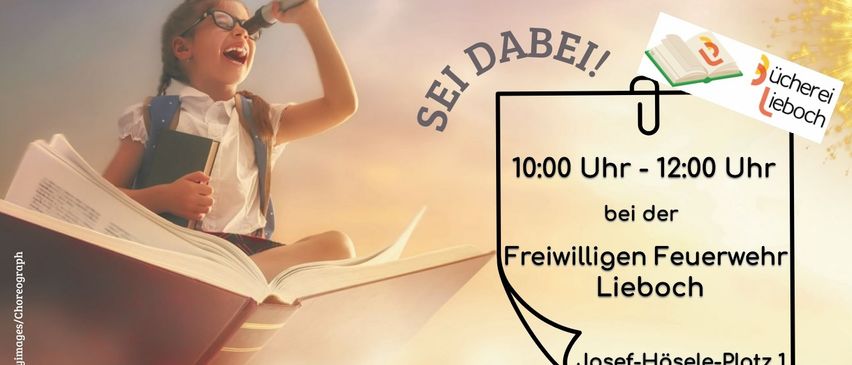 Ein Mädchen mit Brille und Rucksack hält ein Teleskop und schaut nach oben. Der Text sagt 'Sei dabei!'. Die Zeit ist von 10:00 Uhr bis 12:00 Uhr bei der Freiwilligen Feuerwehr Lieboch. Das Event ist der 8. Steirische Vorlesetatag am 14. Juni 2025.