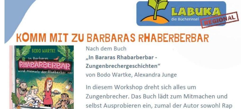 Herzliche Einladung zum Workshop 'In Barbaras Rhabarberbar - Zungenbrechergeschichten' am 25.06.2026 um 17:30 Uhr im Pfarrsaal. Der Workshop, basierend auf dem Buch von Bodo Wartke und Alexandra Junge, konzentriert sich auf Zungenbrecher. Das Buch lädt zum Mitmachen und Selbstausprobieren ein, da der Autor sowohl Rap als auch Tanz erfunden hat. Altersempfehlung: 8-10 Jahre, Workshopdauer: 90 Minuten.
