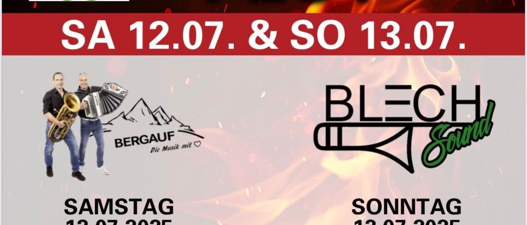 Plakat für Wehr Fest 2025. Zwei Termine: Samstag 12.07. und Sonntag 13.07. Beginn um 18:00 mit Musik von Bergauf. Im Feuerwehrhaus.
