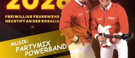 Plakat für Wehrball 2026 mit zwei Männern in orangefarbenen Jacken, einer mit einer Gitarre. Die Veranstaltung wird von der Freiwilligen Feuerwehr Neustift an der Rosalia organisiert. Musik von Partymix Powerband. Datum und Uhrzeit: von 19:00 bis 23:00. Gast: Burg Forchtenstein.