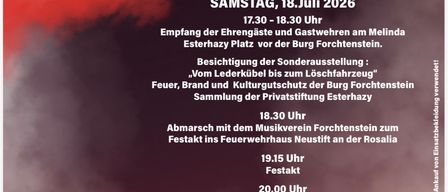Plakat für den 135. Jahrestag der Freiwilligen Feuerwehr in Neustift an der Rosalia. Es enthält Details zur Veranstaltung, wie Datum, Uhrzeit und Aktivitäten. Die Veranstaltung findet am Samstag, den 18. Juli 2026, von 17:30 Uhr bis 18:30 Uhr statt.
