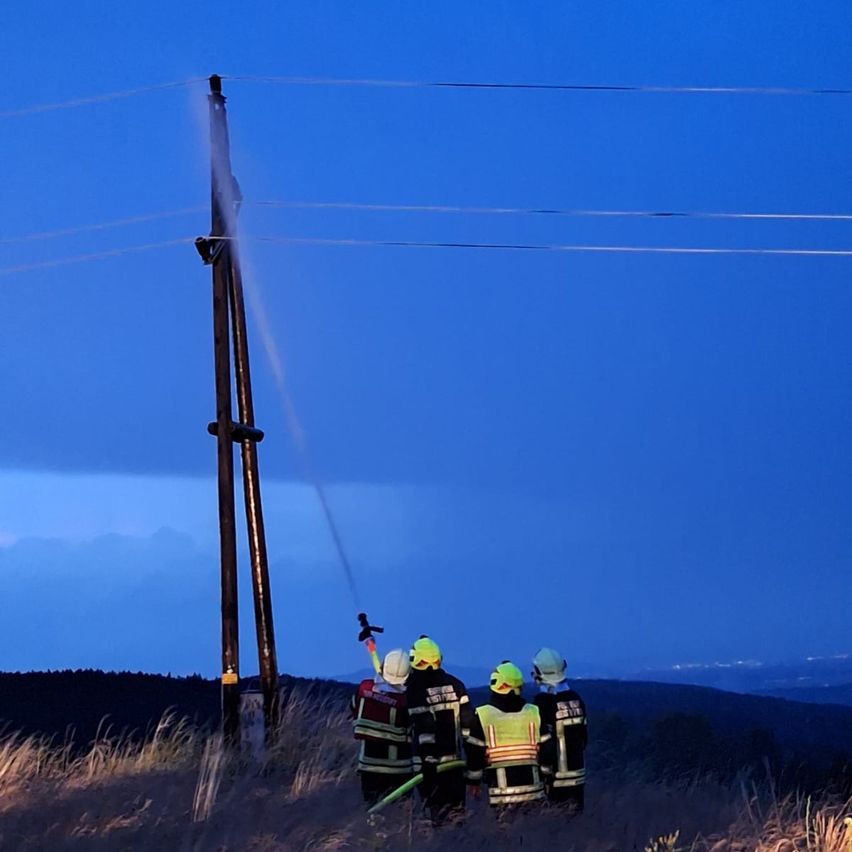 Eine Gruppe Feuerwehrleute in reflektierenden Westen steht neben einem hohen Strommast in einem grasigen Feld in der Dämmerung.