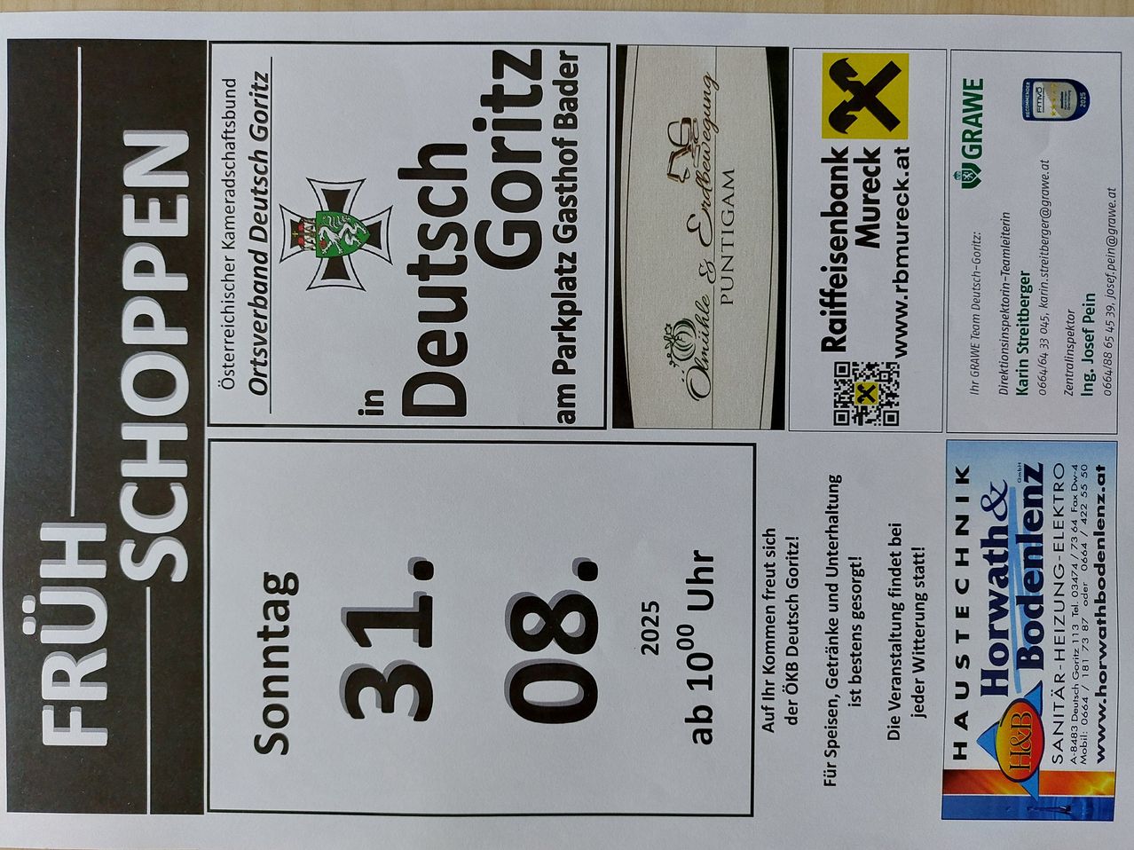 Plakat für den 31. Deutsch Goritz Tag der offenen Tür am 8. August 2025. Es zeigt ein Emblem, ein Logo und Details zur Veranstaltung, einschließlich eines QR-Codes für www.rbnmureck.at.