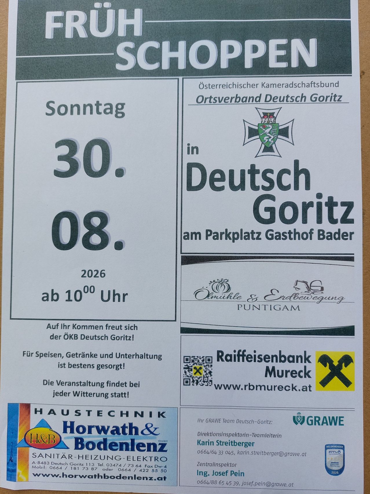 Poster for an event in Deutsch Goritz on August 30, 2026, starting at 10 AM. The event is hosted by the Oesterreichischer Kameradschaftsbund Ortsverband Deutsch Goritz at the Gasthof Bader parking lot. QR code and sponsors are also displayed.