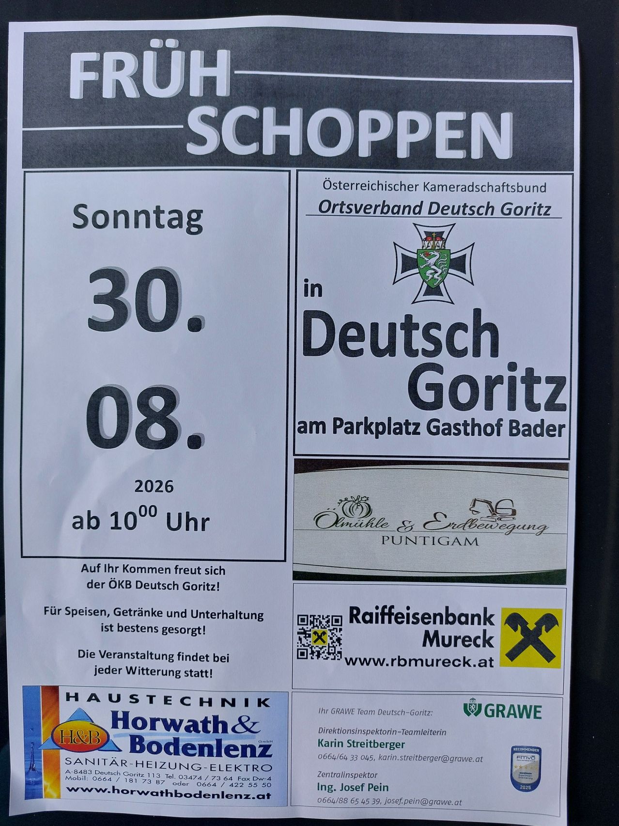 Plakat für eine Veranstaltung in Deutsch Goritz, mit Datum 30. August 2026, Beginn um 10:00 Uhr. Es enthält Logos für Raiffeisenbank Mureck und Haustechnik Horwath.