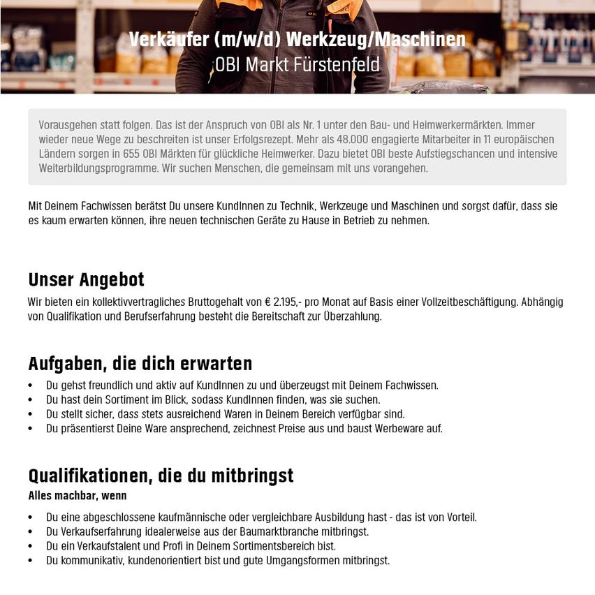 Das Bild bewirbt eine Stellenausschreibung für einen Verkäufer im Bereich Werkzeuge und Maschinen und betont das Engagement des Unternehmens für Wachstum und Kundenzufriedenheit. Es beschreibt ein wettbewerbsfähiges Gehalt und die Notwendigkeit von kundenorientierten Fähigkeiten und Verkaufskompetenz.