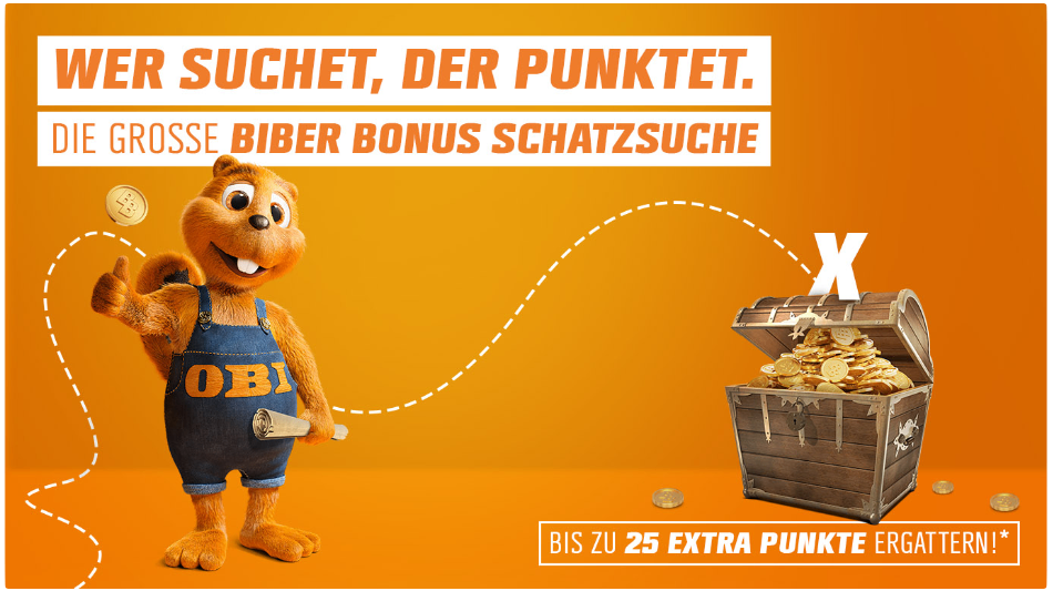 Auf einem orangefarbenen Hintergrund ist ein Cartoon-Bär namens Obi zu sehen, der eine Rolle Münzen hält. Er zeigt auf einen Schatztruhe voller Goldmünzen. Der Text lautet: 'Wer suchet, der punktet. Grosse Biber Bonus Schatzsuche.' Es wird auch erwähnt: 'Bis zu 25 Extra Punkte Bonus.'